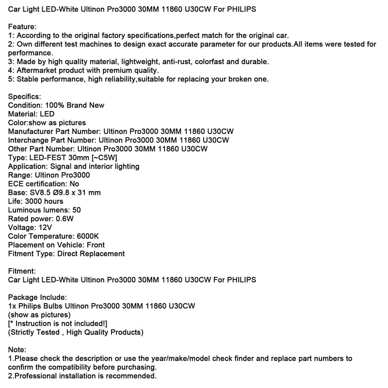 Auto Licht LED-Weiß Ultinon Pro3000 30MM 11860 U30CW Für PHILIPS