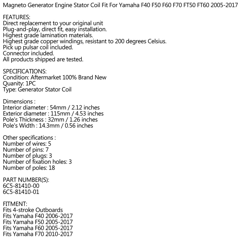 Lichtmaschine Stator für Yamaha 40Hp 50Hp 60Hp 70Hp 4-Stroke Outboard 2005-2017