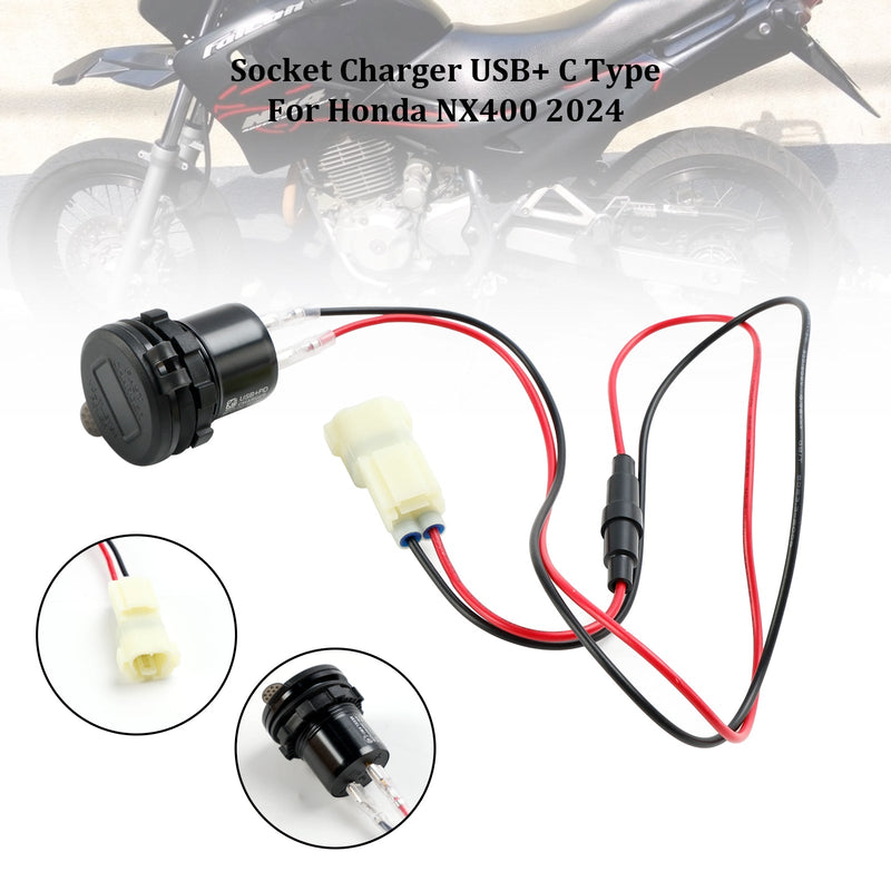 12V USB+C tyyppinen pistorasialaturi, pikasovitus Honda NX400 2024