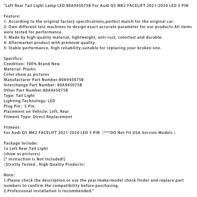 Linke LED-Rückleuchte für Audi Q5 MK2 Facelift 2021-2024, 5-polig