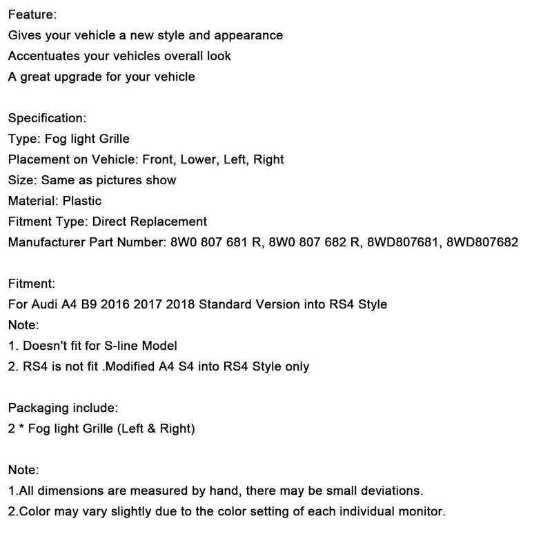 2016–2018 Audi A4 B9 2 Stück Front Nebelscheinwerfer Grill untere Stoßstange Grill