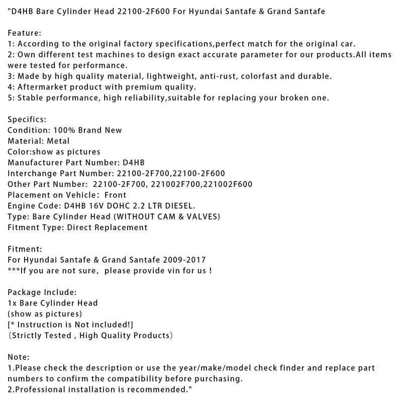 Zylinderkopf (roh) für Hyundai Santa Fe &amp; Grand Santa Fe D4HB (2009–2017) 22100-2F600