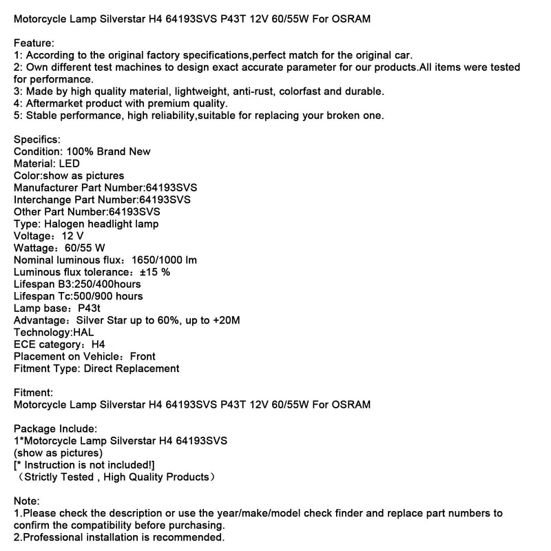 Motorradlampe Silverstar H4 64193SVS P43T 12V 60/55W für OSRAM
