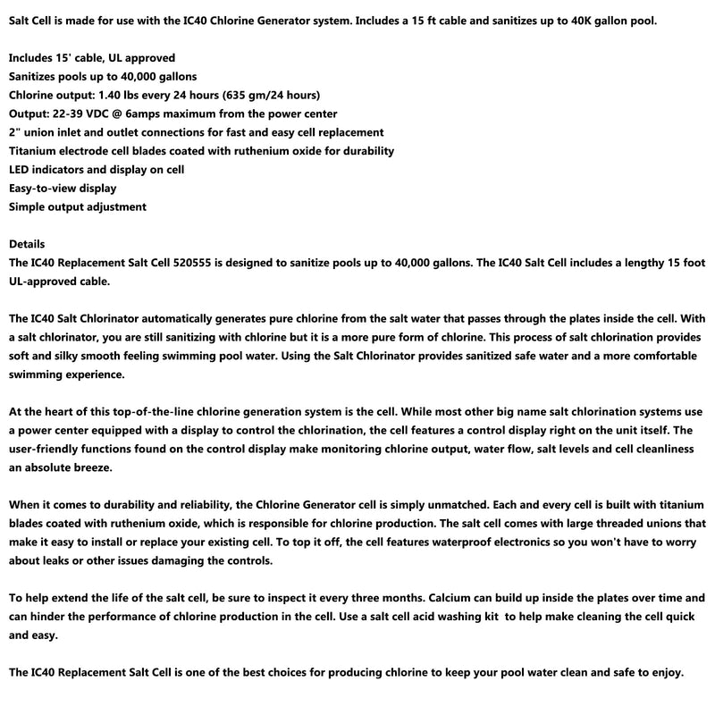 IC40 EC-520555 Ersatz-Salzzellen-Chlorgenerator für Einbaupools