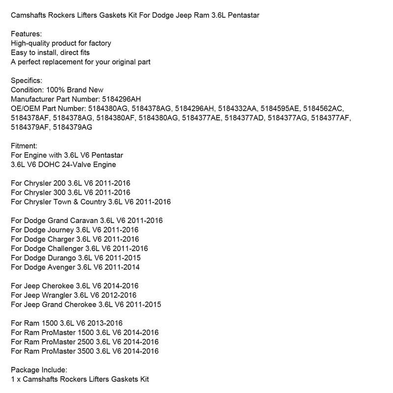 2011-2016 Dodge Grand Caravan 3,6 L V6 Nockenwellen Kipphebel Stößel Dichtungssatz 5184296AH