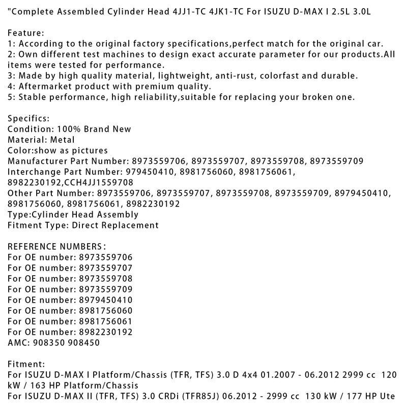 01.2007–06.2012 ISUZU D-MAX I Plattform/Fahrgestell (TFR, TFS) 3.0 D 4x4 Komplett montierter Zylinderkopf 4JJ1-TC 4JK1-TC