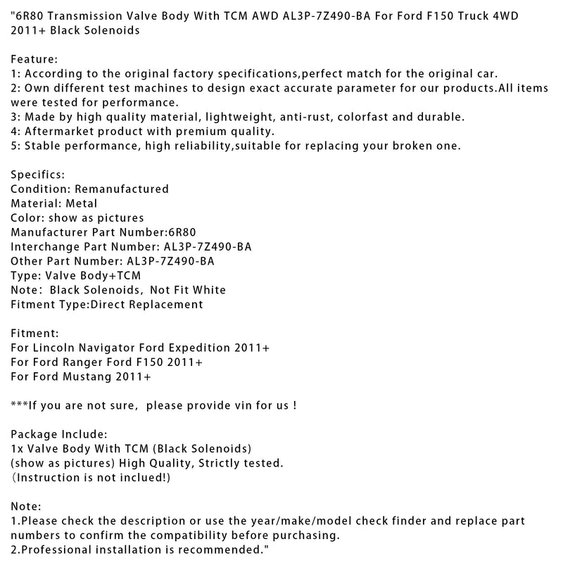 2011+ Ford Ranger Ford F150 6R80 Transmission Valve Body w/TCM AWD AL3P-7Z490-BA