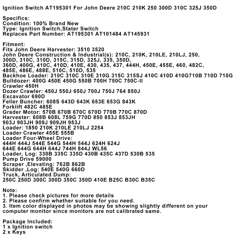 Zündschalter AT195301 Für John Deere 210C 210K 250 300D 310C 325J 350D