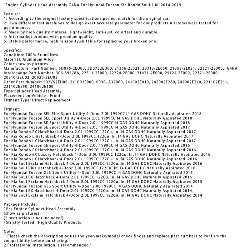 2014–2019 Hyundai Tucson Kia Rondo Soul 2.0L Motor Zylinderkopf Montage G4NA
