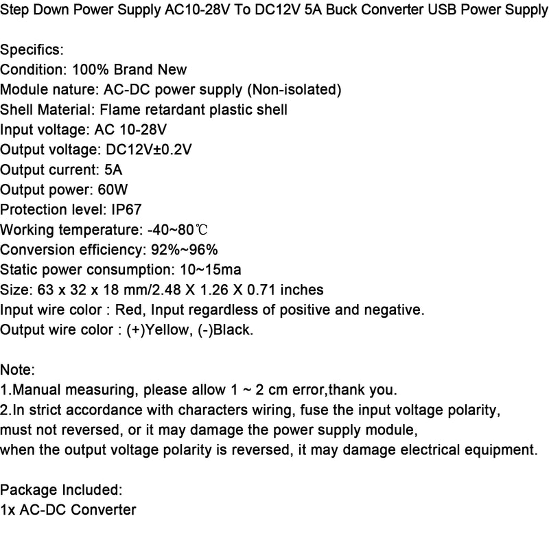 Step-down strømforsyning AC10-28V til DC12V 5A step-down omformer USB strømforsyning