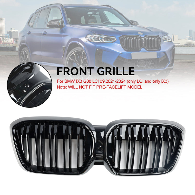 2022+ BMW IX3 G08 LCI nyre-grill foran med to lameller i blank svart