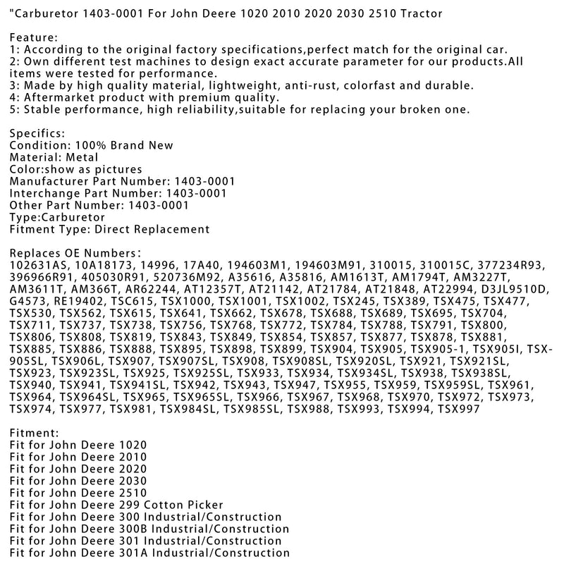John Deere Mt förgasare 1403-0001 102631AS 520736M92 TSX997