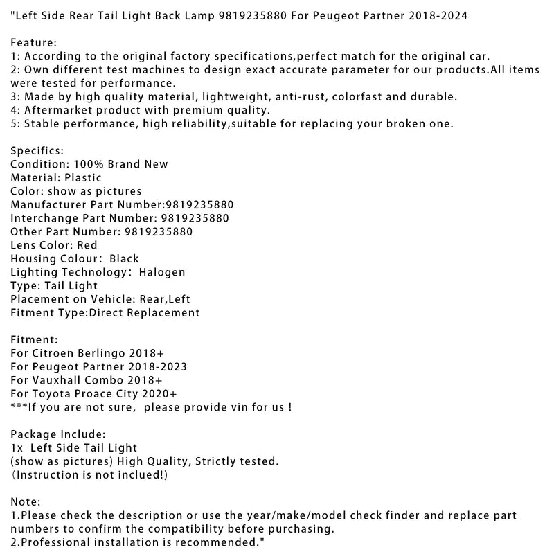 2020+ Toyota Proace City Linke Seite Rücklicht Rückleuchte 9819235880