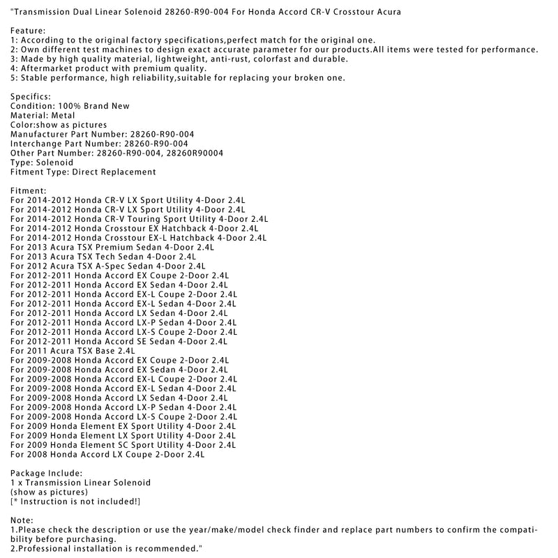 2014-2012 Honda CR-V Touring Sport Utility 4-dveřová převodovka 2,4L Dual Linear Solenoid 28260-R90-004