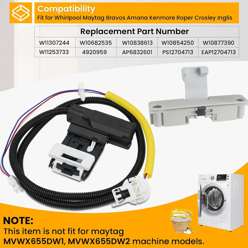 W11307244  W10682535 Pesukoneen kannen lukko ja W10837741 Kannen pysäytin Maytagille