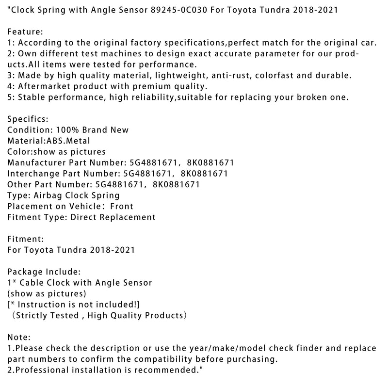 2018-2021 Toyota Tundra Wrap Feather med vinkelsensor 89245-0C030 5G4881671 8K0881671