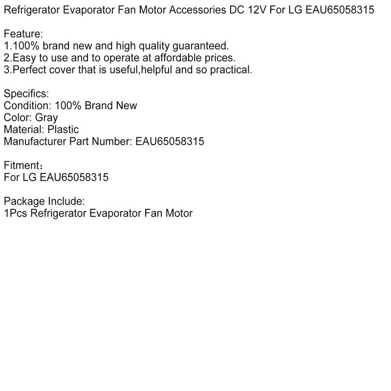 Køleskab fordamper ventilatormotorstilbehør DC 12V til LG EAU65058315