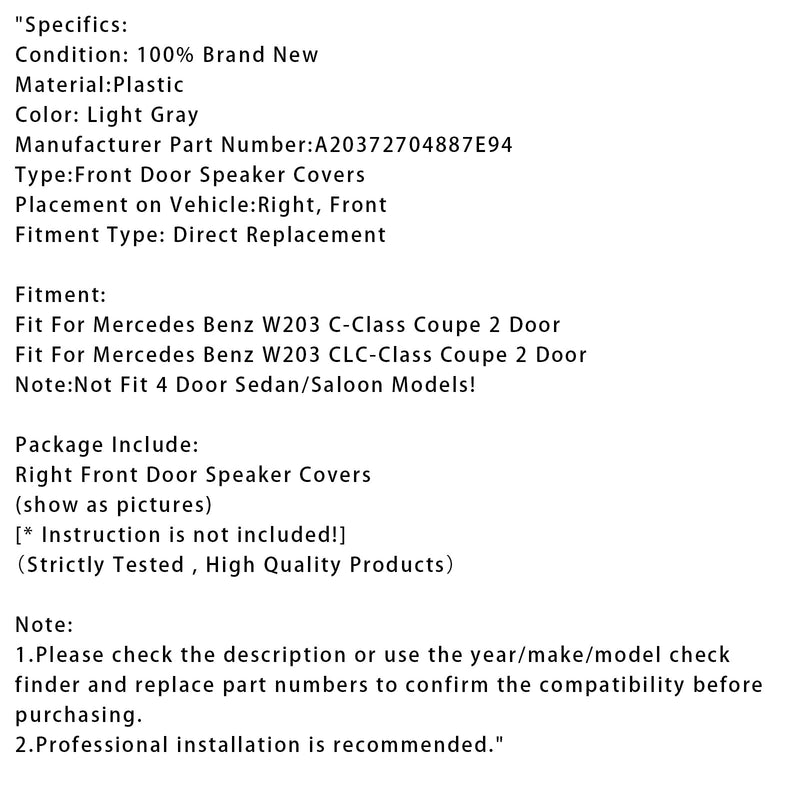 Lautsprecherabdeckung vorne rechts für Mercedes W203 CLC Coupé A20372704887E94