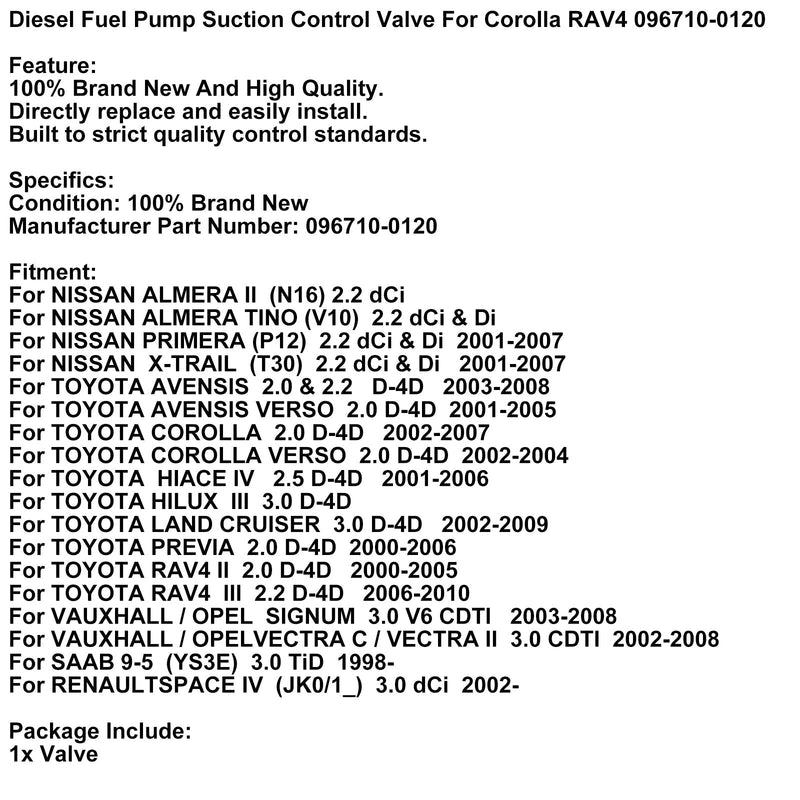 2003-2008 TOYOTA AVENSIS 2.0 und 2.2 D-4D Saugsteuerventil für Dieselkraftstoffpumpe 096710-0120