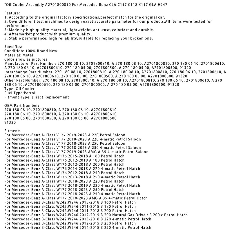 2018-2023 Mercedes-Benz A-Class V177 A 250 Petrol Saloon Oil Cooler Assembly A2701800810