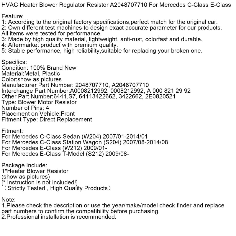 Heizungsgebläseregler-Widerstand A2048707710 für Mercedes C-Klasse E-Klasse