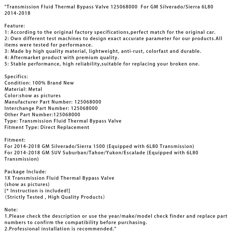 2014–2018 GM Silverado/Sierra 6L80 Getriebeöl-Thermo-Bypassventil 125068000