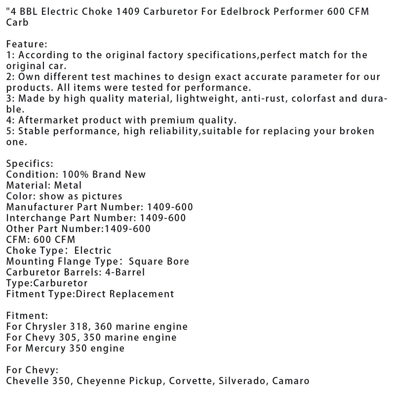 4 BBL Elektrische Choke 1409 Vergaser Für Edelbrock Performer 600 CFM Carb