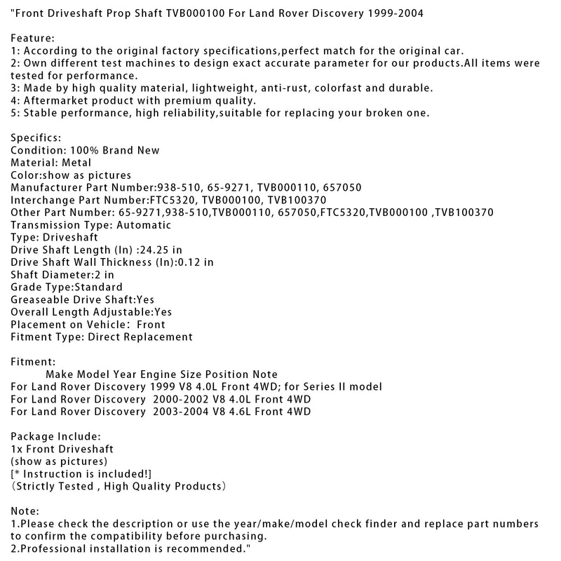 2000-2002 Land Rover Discovery V8 4.0L Front 4WD Vordere Antriebswelle Kardanwelle TVB000100
