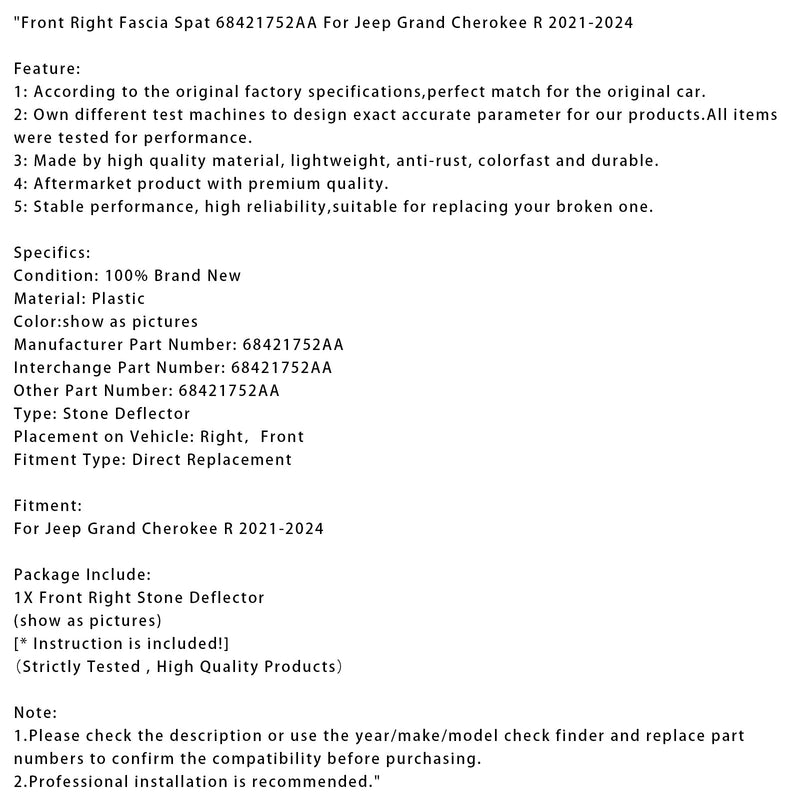 2021–2024 Jeep Grand Cherokee R Front rechts Fascia Spat 68421752AA