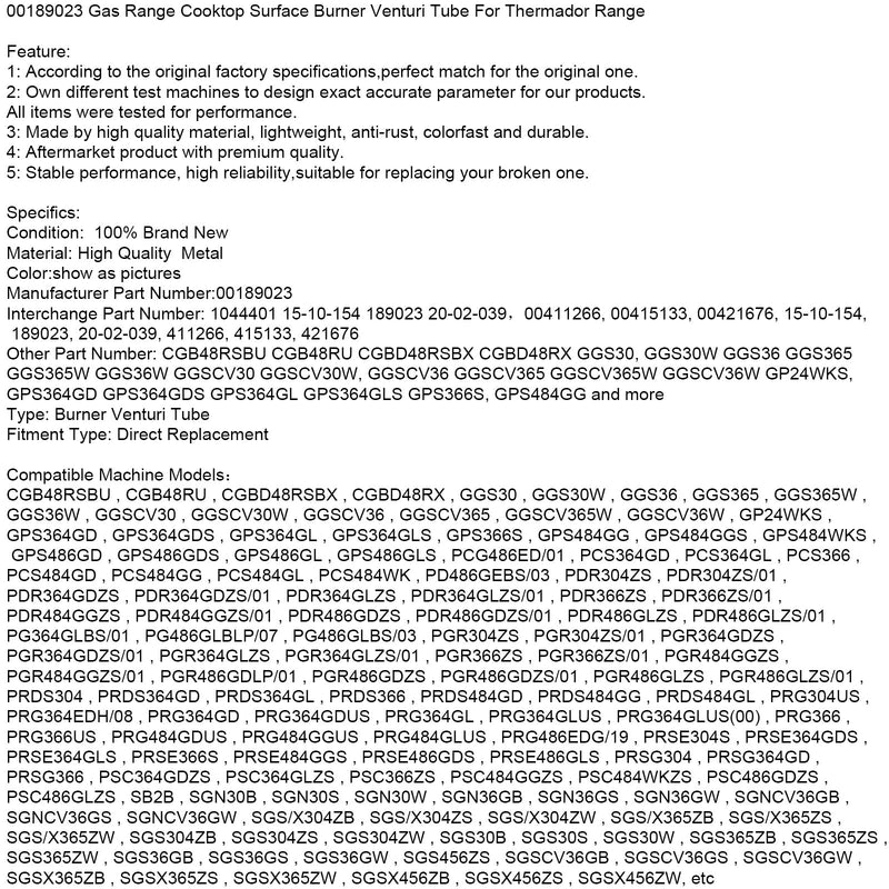 00189023 Gas Range Cooktop Surface Burner Venturi Tube For Thermador Range