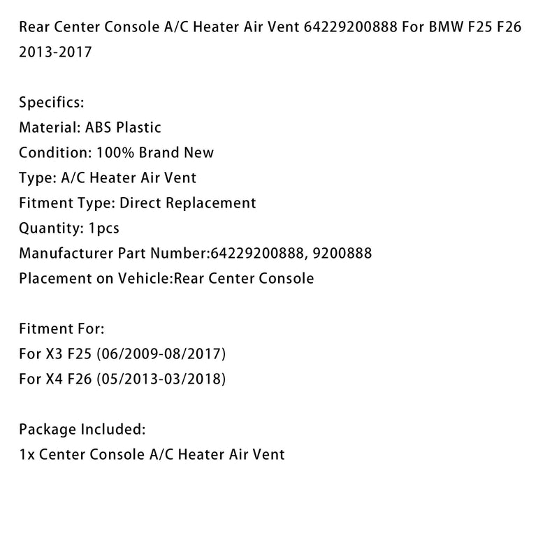 06/2009-08/2017 BMW X3 F25 Lüftungsdüse hinten in der Mittelkonsole 64229200888