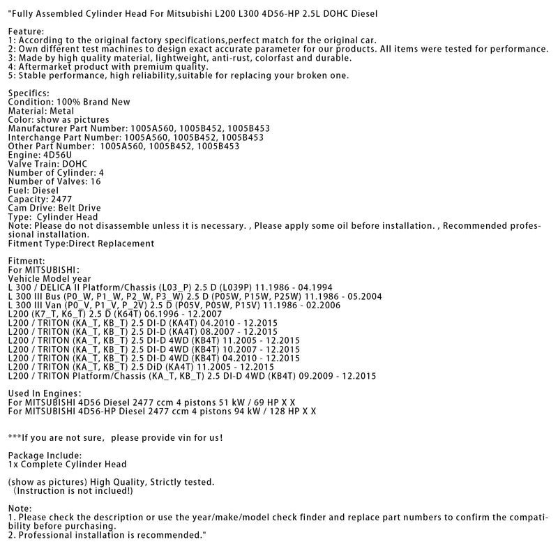 Fullmonterat cylinderhuvud för Mitsubishi L200 L300 4D56-HP 2,5L DOHC Diesel