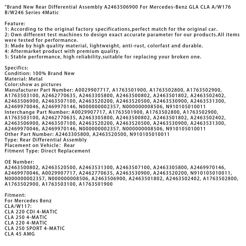 Neu Hintere Differential AssemblyFor Mercedes-Benz GLA CLA A/W176 B/W246 Serie