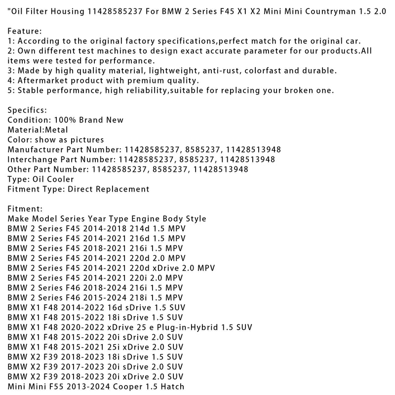 2020–2022 BMW X1 F48 xDrive 25 e Plug-in-Hybrid 1.5 SUV Ölfiltergehäuse 11428585237 11428513948