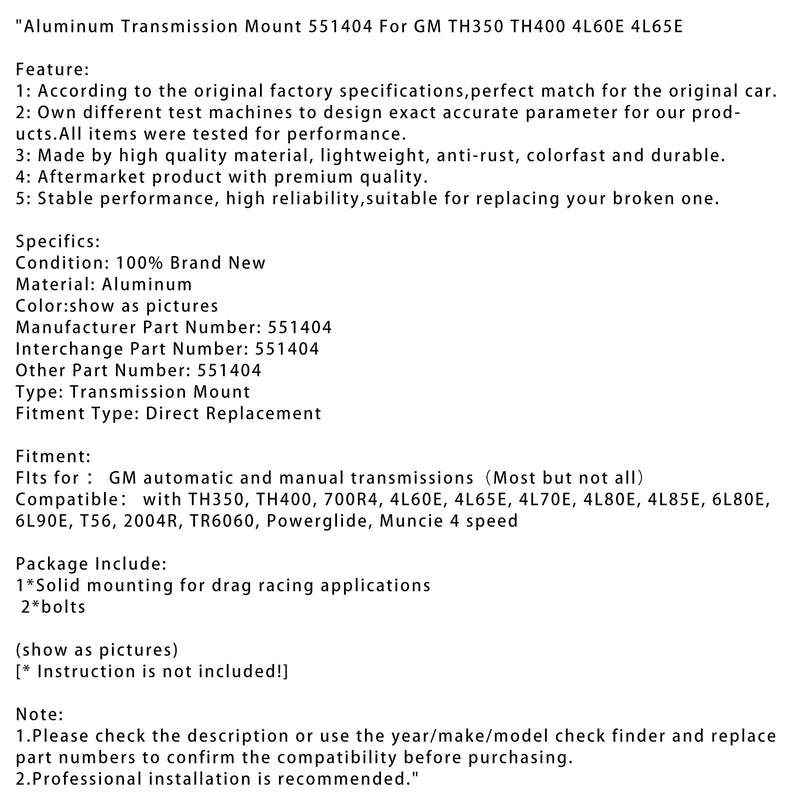 Aluminium-Getriebehalterung 551404 für GM TH350 TH400 4L60E 4L65E