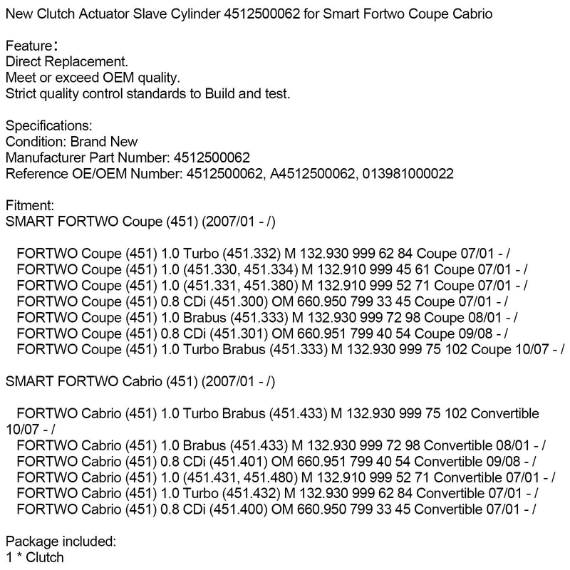 Ny clutchaktuator slavesylinder a4512500062 for Smart Fortwo Coupe Cabrio