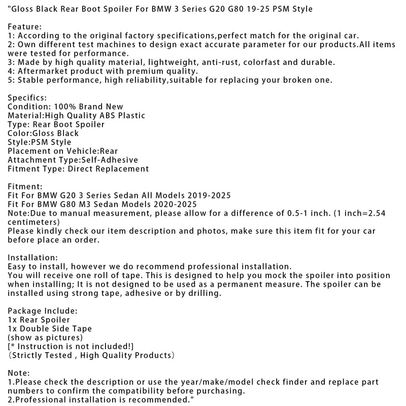Glänzend Schwarz Hinten Boot Spoiler Für BMW 3 Serie G20 G80 19-25 PSM Stil