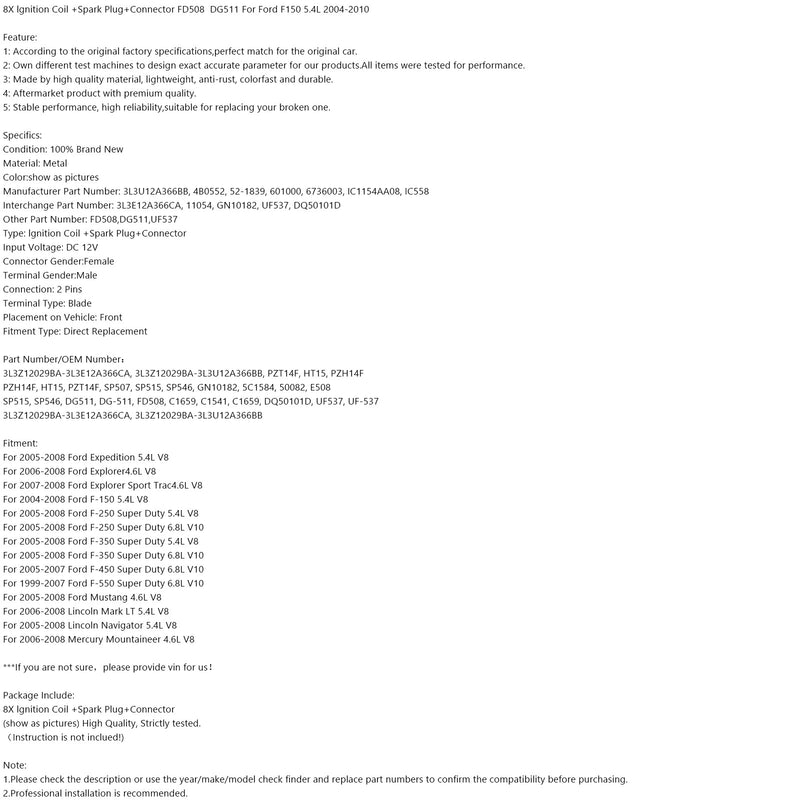 2005-2008 Ford F-250 F350 Super Duty 6,8L V10 8X sytytyspuola + sytytystulppa + tulppa FD508 DG511 Fedex Express