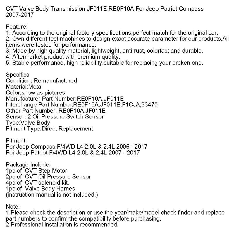 Jeep Patriot Compass 2007-2017 CVT ventilhus Transmission JF011E RE0F10A