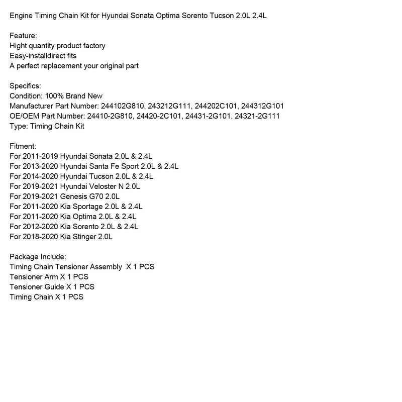 Kit de corrente de distribuição do motor Hyundai Sonata Optima Sorento Tucson 2.0L 2.4L
