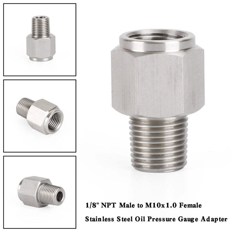 Adaptador de medidor de pressão de óleo de aço inoxidável fêmea de 1/8 "NPT macho para M10x1.0