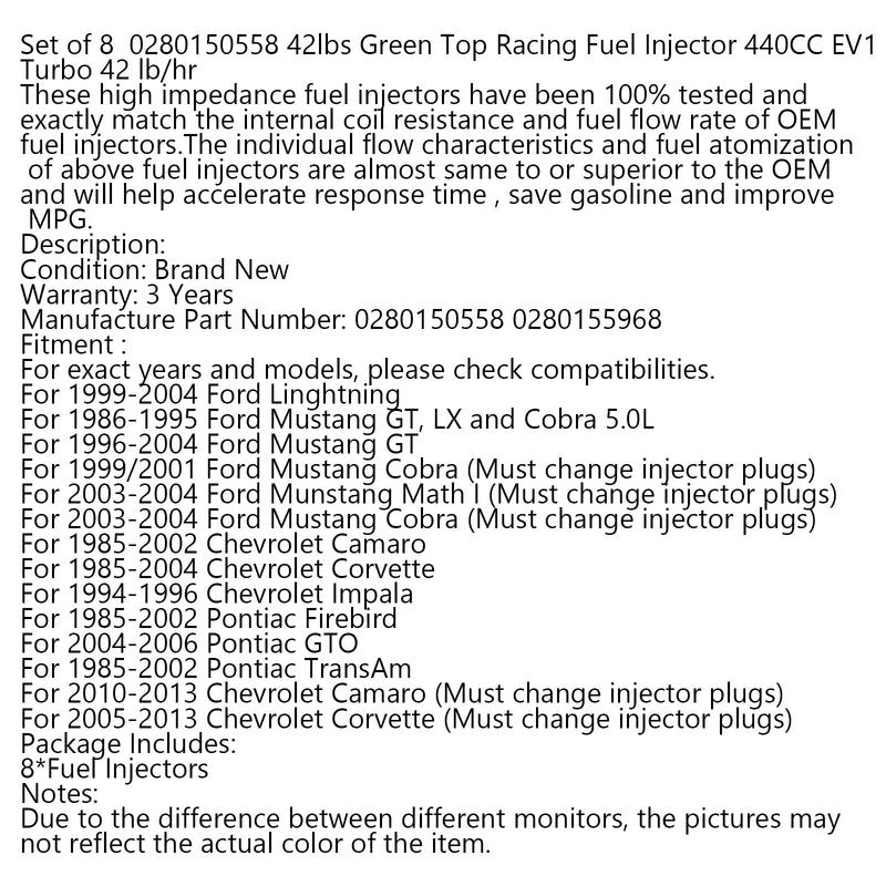 1 Uds 0280150558 42lbs parte superior verde inyector de combustible para carreras 440CC EV1 Turbo 42lb/h genérico