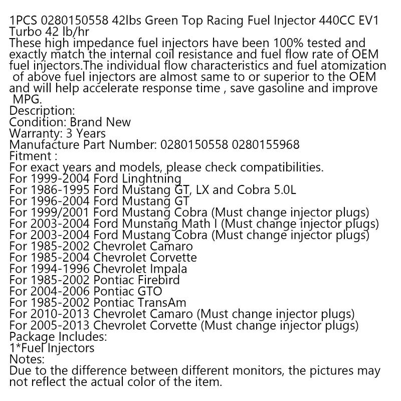 1 Uds 0280150558 42lbs parte superior verde inyector de combustible para carreras 440CC EV1 Turbo 42lb/h genérico