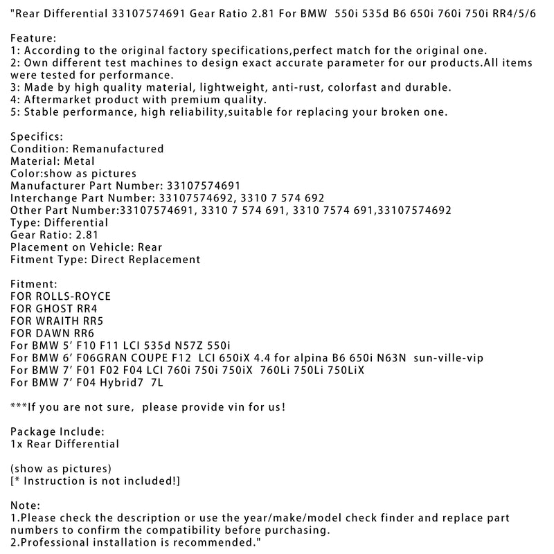 BMW 550i 535d B6 650i 760i bakakseldifferensial 33107574691 girforhold 2,81