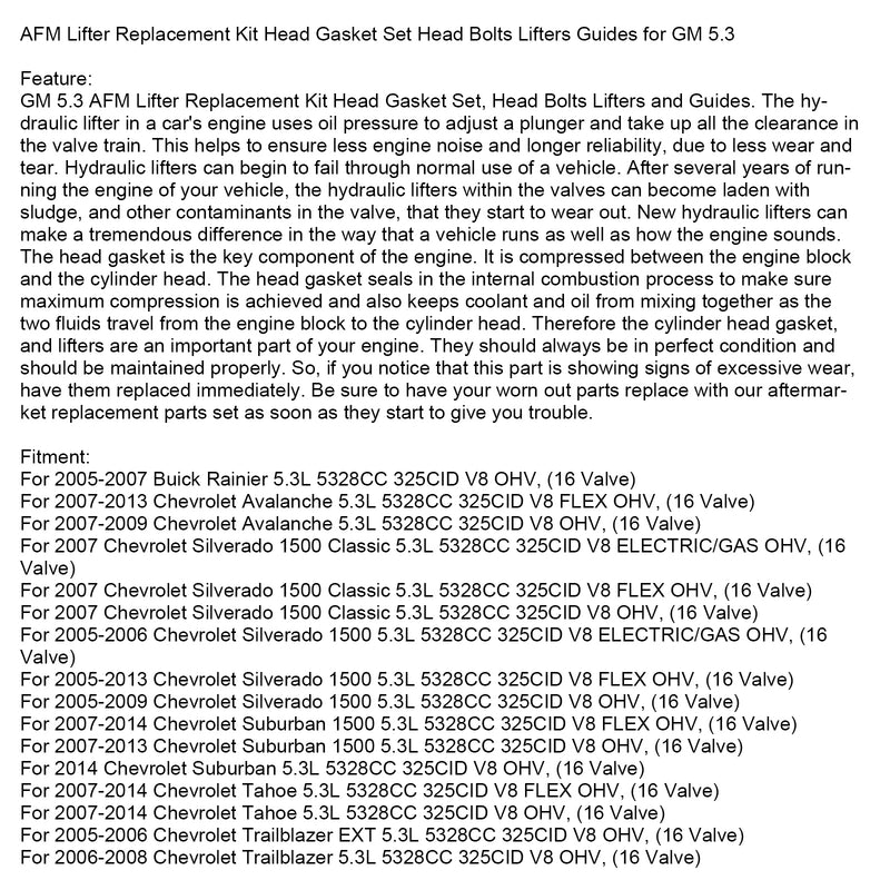 2007-2009 GMC Yukon XL 1500 5.3L 5328CC 325CID V8 OHV, (16 ventiler) AFM Lifter Replacement Kit Hodepakningssett Hodebolter Lifter Guides Fedex Express Generic