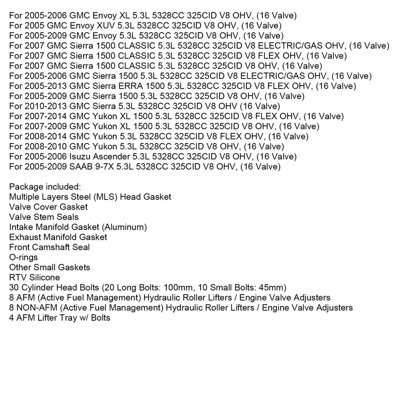 2007-2009 GMC Yukon XL 1500 5.3L 5328CC 325CID V8 OHV, (16 válvulas) Kit de reemplazo de elevador AFM Juego de juntas de cabeza Pernos de cabeza Guías de elevación Fedex Express Genérico