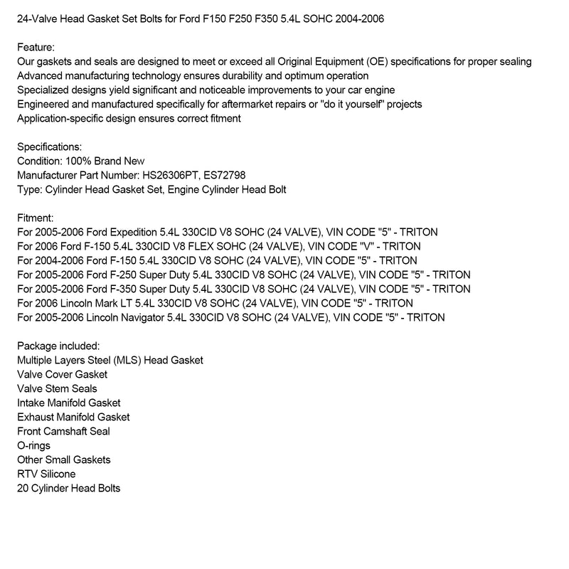 2005–2006 Ford F-250 F-350 Super Duty 5,4 l 24-Ventil-Kopfdichtungssatz, Schrauben HS26306PT ES72798