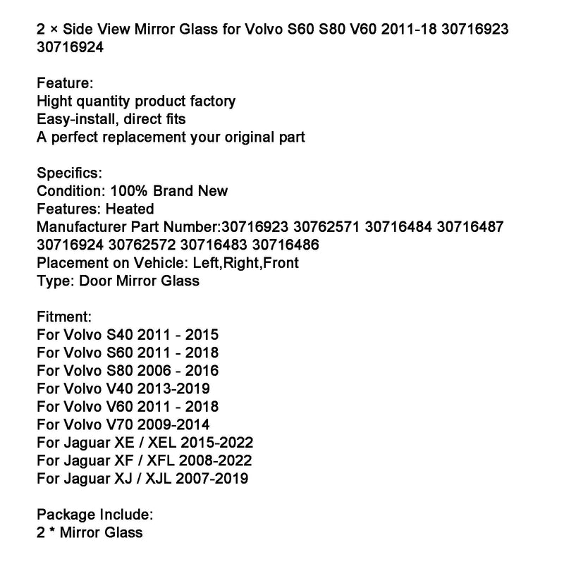 2 × sidospegelglas för Volvo S60 S80 V60 2011-18 30716923 30716924