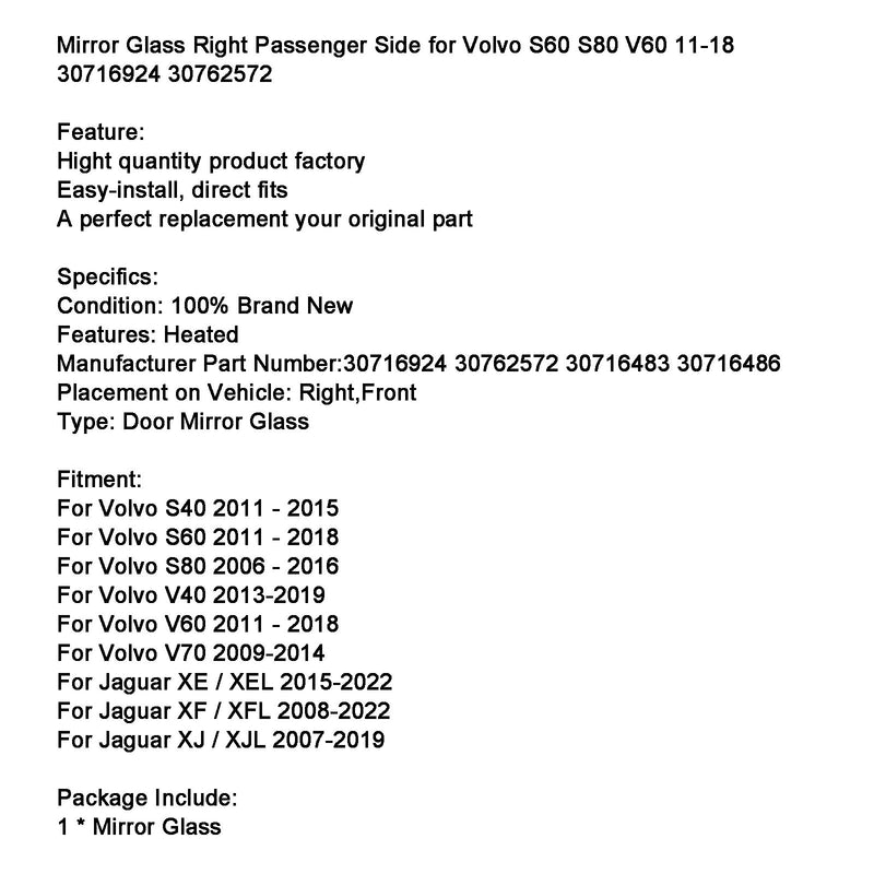 Spiegelglas rechts Beifahrerseite für Volvo S60 S80 V60 11-18 30716924 30762572