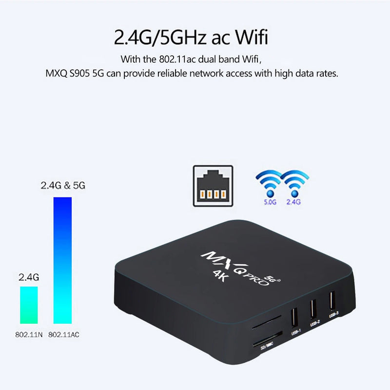 5G Wifi MXQ Pro 4K Ultra HD 64Bit Android Quad Core Smart TV Box Ram 1GB ROM 8GB